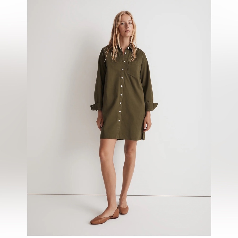 NWT Madewell Long sleeve Mini Shirt Dress Green